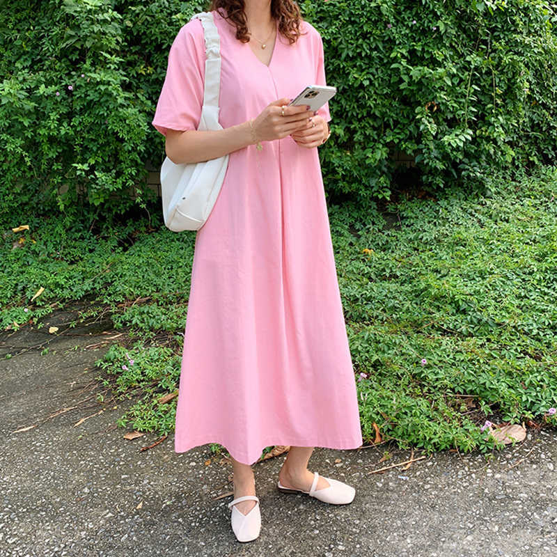 Minimalist Chic Drop Sleeves Women's Simple Solid V-neck Large Pocket Short Sleeve Linen Dress Fashion Long Maxi Vestido 210601