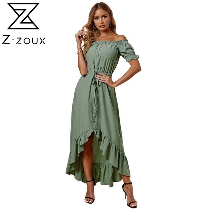 Women Dress Puff Sleeve Slash Neck Asymmetry Girls Summer Plus Size Long Ruffles Bandage Fashion 210513