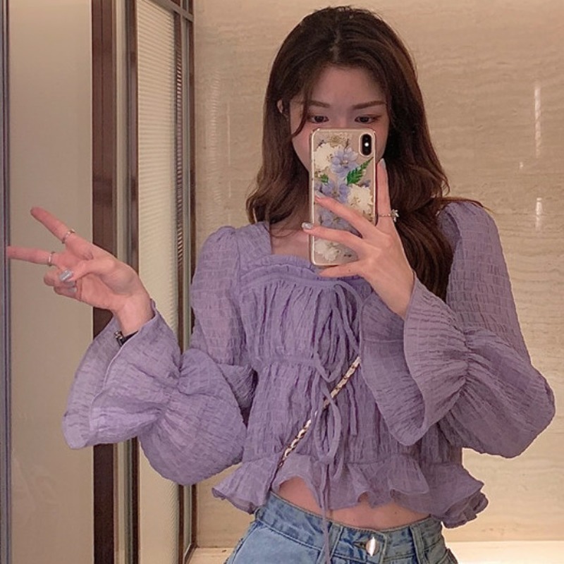 Nomikuma Korean Pleated Lace Up Square Collar Blouse Shirt Causal Flare Sleve Short Women Top Spring New Blusa Mujer 6F459 210427