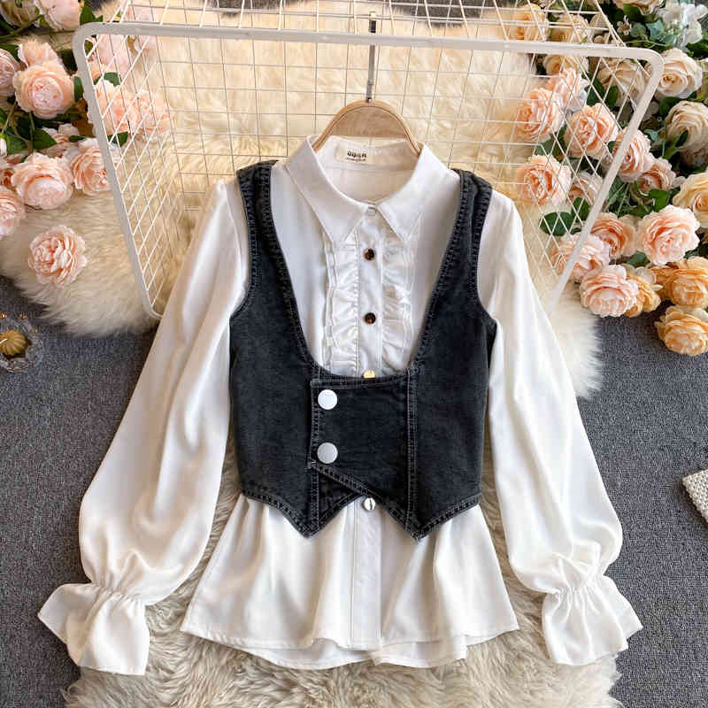 Nomikuma Women 3pieces Set Puff Sleeve Turn-down Colalr Blouse + Demin Vest + Irregular Jeans Shorts Korean Suits New 6F129 210427