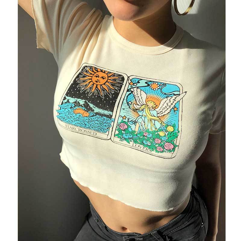Vintage Sun Angel Graphic Crop Top Tee New Female Sexy Slim Short Sleeve Cotton Tshirt Summer Casual T Shirt Women Tops 210406