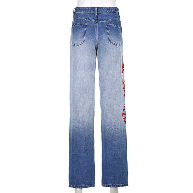 Sweetown Gradient E Girl Baggy Mom Jeans Women Vintage Print Wide Leg Denim Trousers 90s Aesthetic Korean Low Waist Cargo Pants H0908