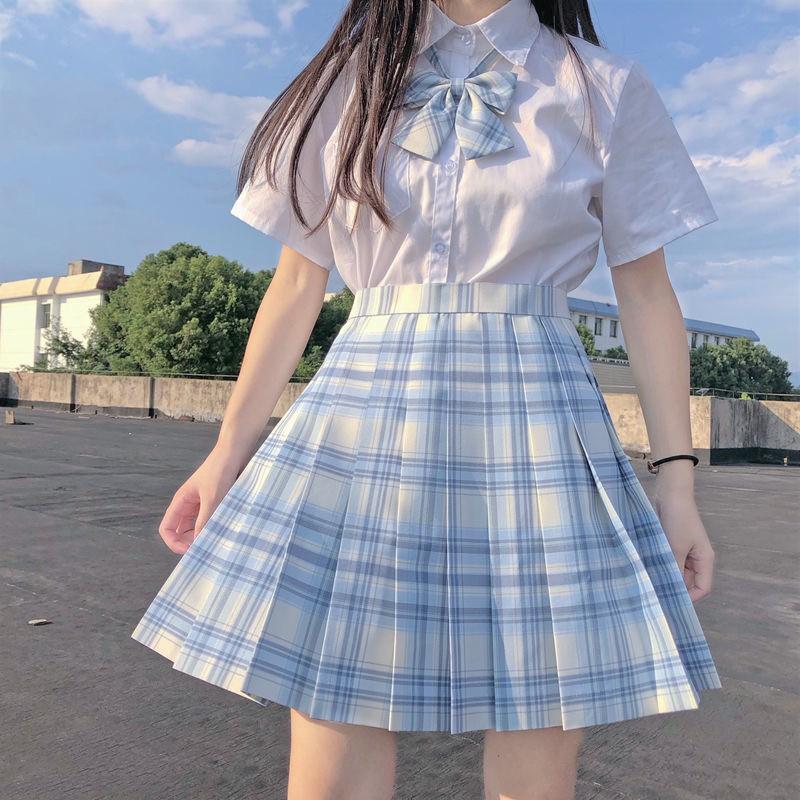 Clothing Sets Japanese School Girls High Waist Pleated Skirts Blue Plaid Women Dress Long/Short Sleeve JK Uniform