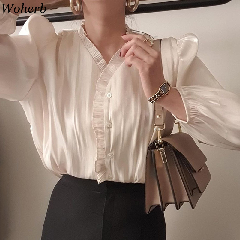 Women Casual Blouse Spring Summer Ruffle V-neck Puff Sleeve Luster Apricot Shirts Woman Fashion Korean Chic Tops Blusas 210519