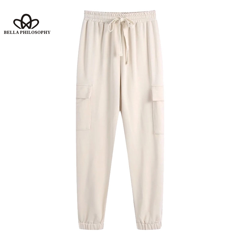 Fashion Tracksuits Cropped Sweatshirt High Elastic Waist Drawstring Cargo Pants Side Pockets Chic Sets 210510