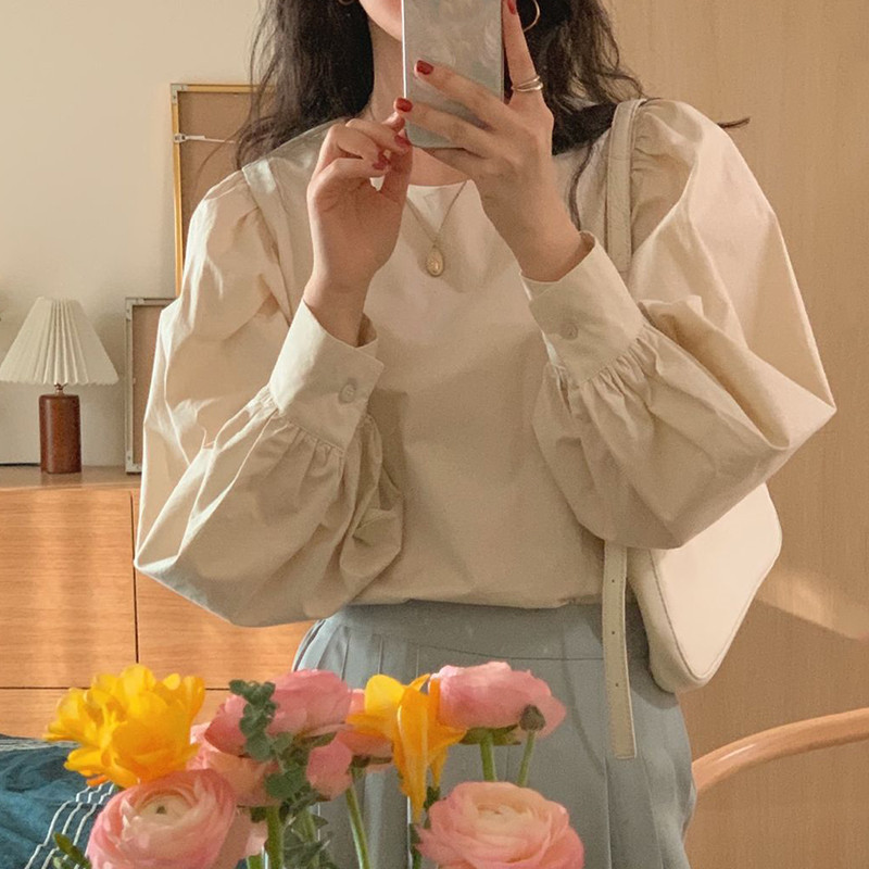 Nomikuma Blouses for Women Korean Solid O-neck Lantern Sleeve Shirt Causal Spring New Blusas Mujer De Moda Verano 6G050 210427