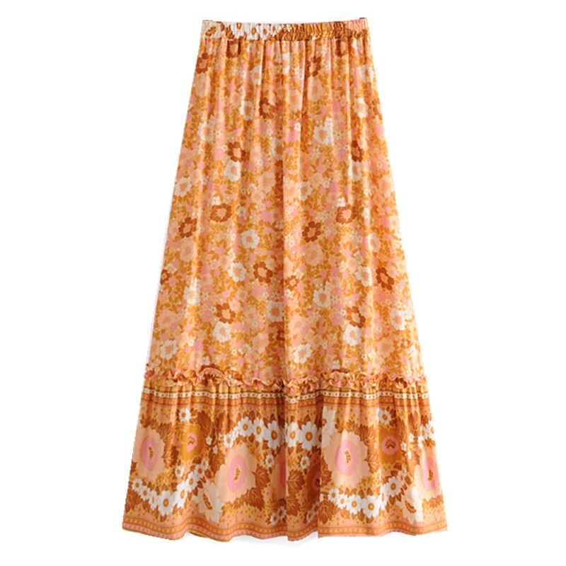 Bohemia Floral Print Long Skirt Turquoise Spliced Ruched Ruffle Hem Hippie Women Adjust Stream Waist Swing Skirts Holiday Beach 210429