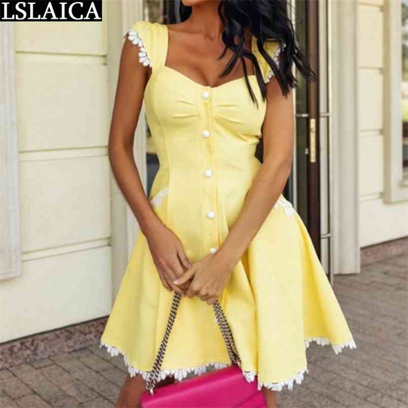 Summer Dress Women Splicing Short Sleeve Square Collar Ladies Mini Solid Slim Single Button Lace Sweet Sukienka 210515