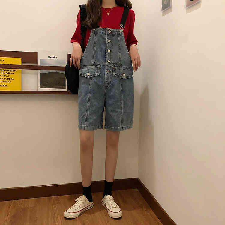 SML Summer korean preppy style Jumpsuit Denim Overalls Casual Girls vintage Wide Leg Jeans Shorts womens (78151) 210423