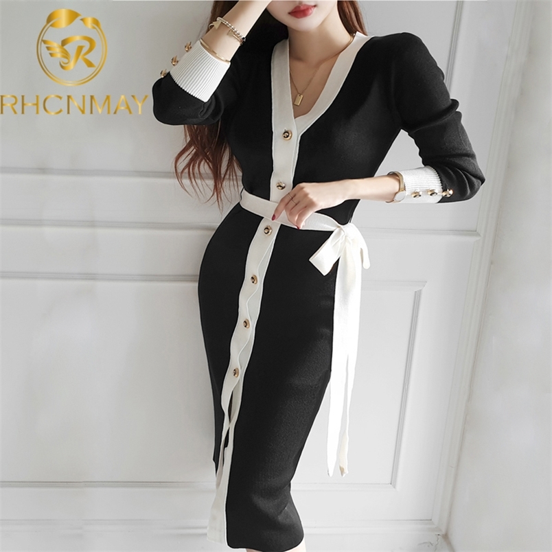 Autumn Winter Temperament Women Knitted V-neck Single Breasted Dress Long Color matching Sweater Dresses Female 210506