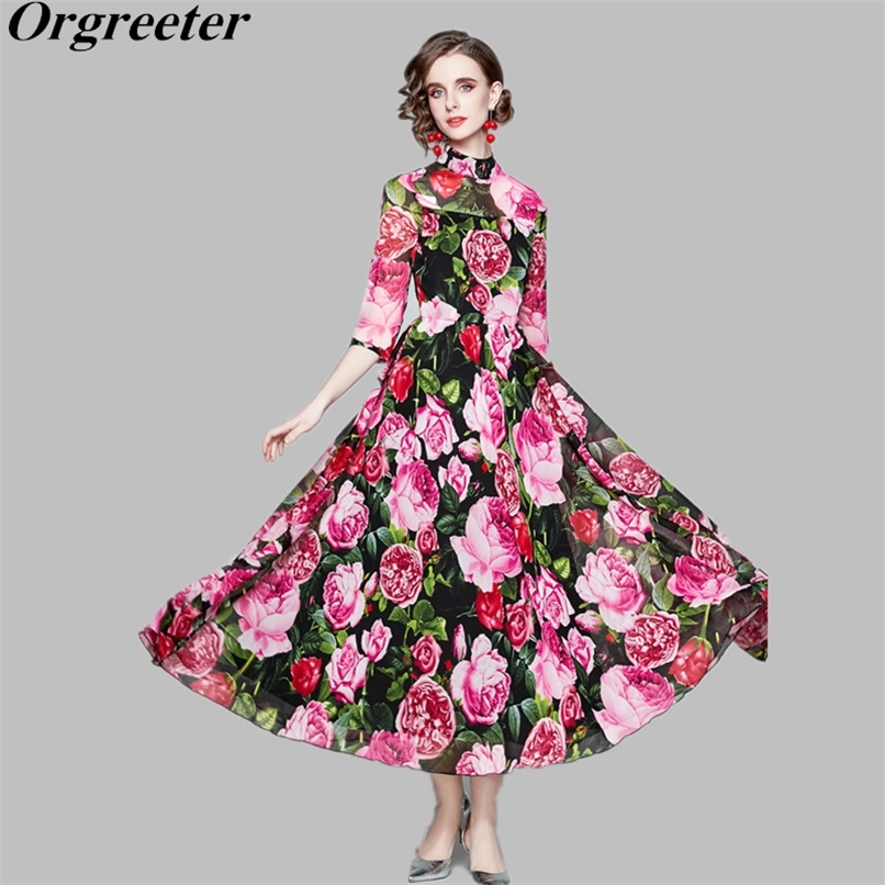 Retro Three quarter Stand collar Chiffon Dress Summer Temperament Flower Print big swing Seaside Holiday Long Dresses 210602, Multi
Retro Three quarter Stand collar Chiffon Dress Summer Temperament Flower Print big swing Seaside Holiday Long Dresses 210602, Multi