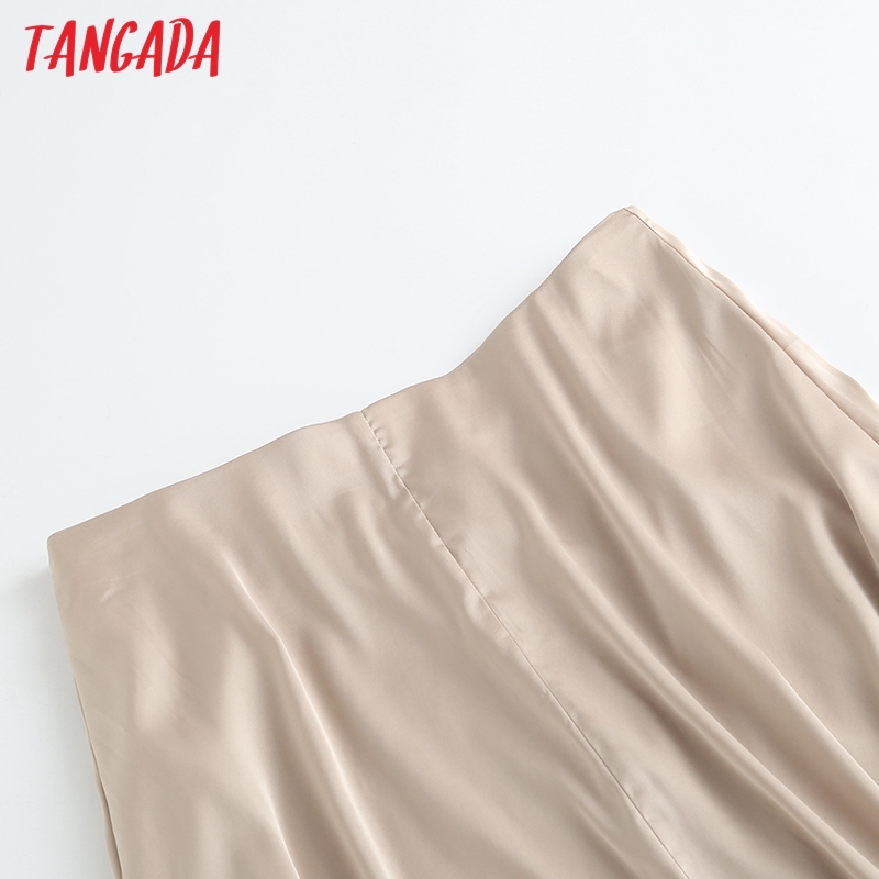 Women Solid Satin Midi Skirt Faldas Mujer Vintage Zipper Office Ladies Elegant Chic Skirts 6D41 210416