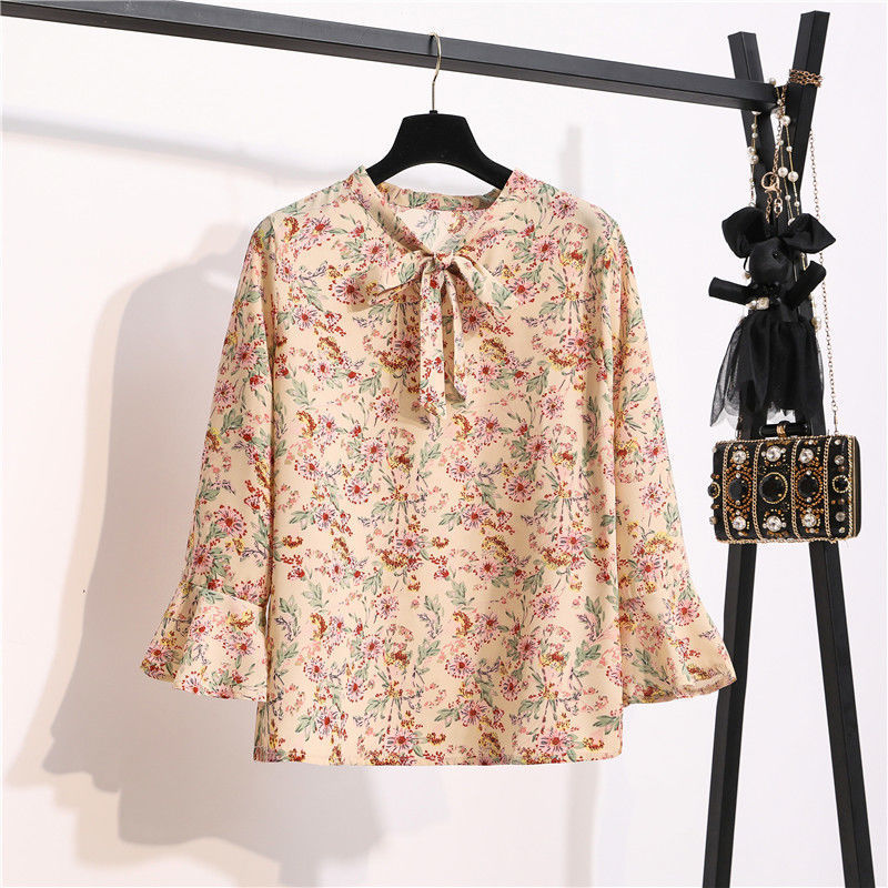 Women's Party Blouses Spring Autumn Long Sleeve Bow Neck Flower Shirts OL Petal Blusas Floral Chiffon Tops for Woman 210514