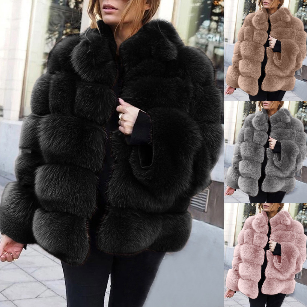 Women Fur Jackets Plus Size Casual Faux Coats Black Pink Vintage Long Winter Overcoat Fashion 210524