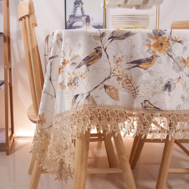 European Style Est Design Wedding Party Decorative Jacquard Tablecloth Lovely Sparrow Printing Embridery Lace Dinning Cover Table Cloth