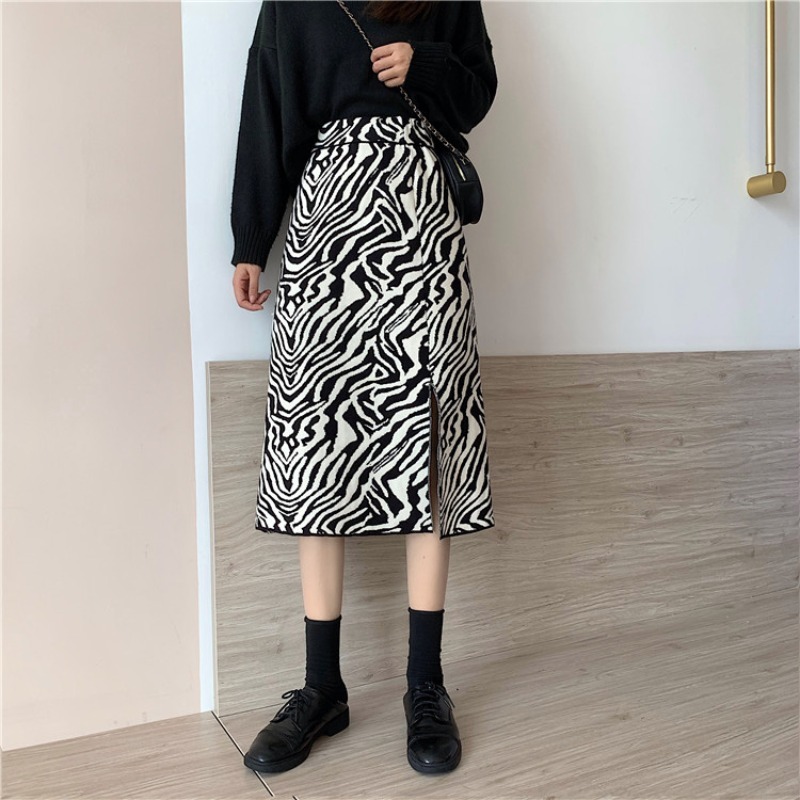 Nomikuma Korean Leopard Women Sweater Skirt High Waist A-line Split Knitted Skirts Autumn Winter Thick Faldas Mujer 6D077 210427