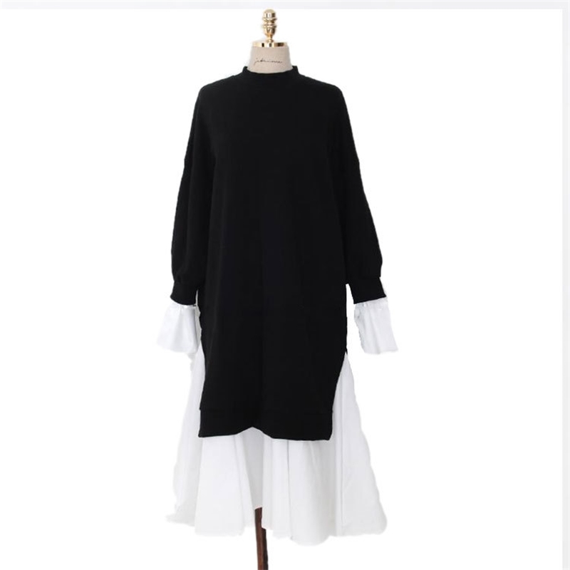 Korean Pregnant Mother dress women's Black Hooded Dress With Mesh Stitched Long Sleeve Irregular Hem Ladies Midi 3258 210428