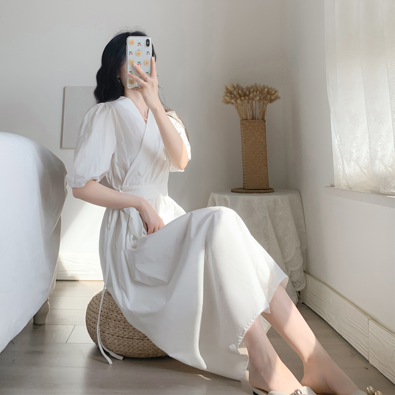 Women's Summer V-Neck Puff Sleeve A-Line Dresses Vintage Elegant Office OL Lace Up Casual Slim Long Dress Vestidos 210519