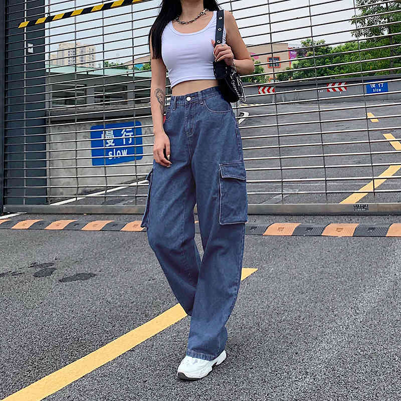 Woman cargo Jeans high Waist loose Denim Clothing Blue Streetwear Vintage Quality Fashion big pocket boyfriend Pants 210524