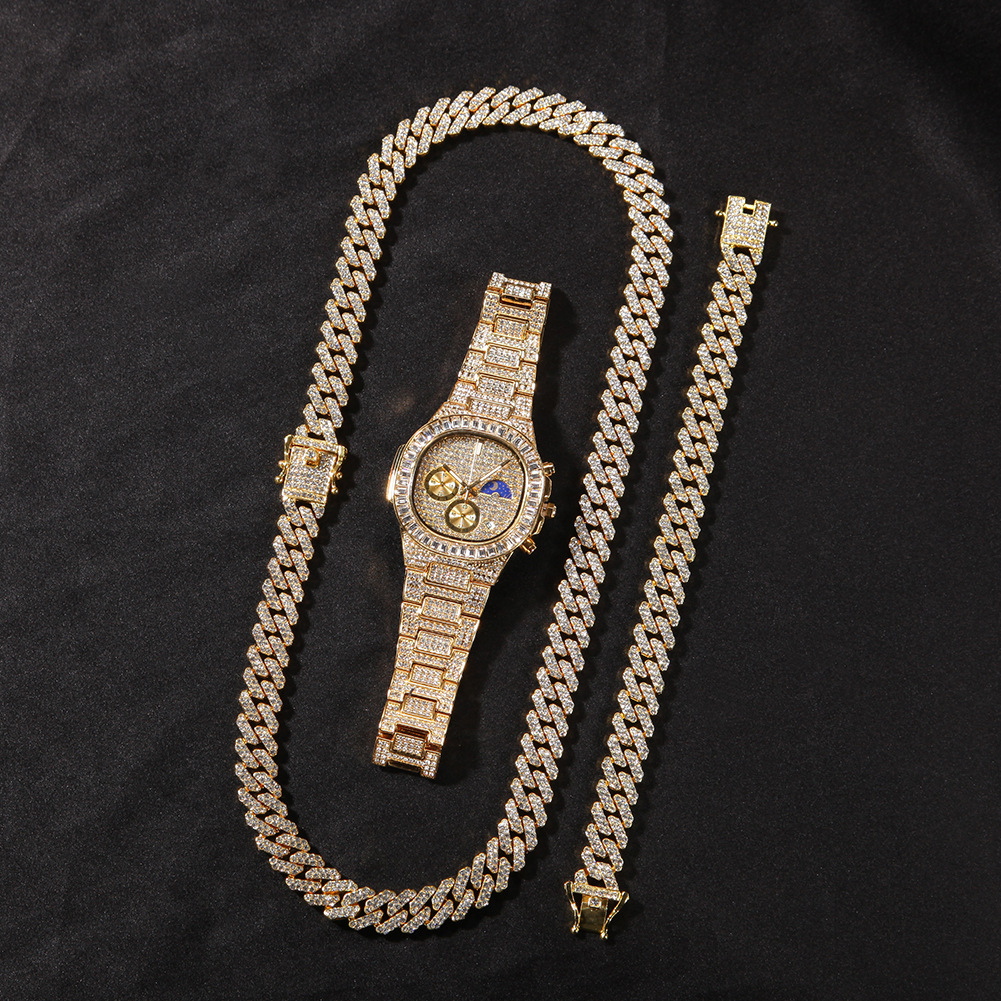 Men Necklace Iced Out Miami Cuban Chain Hip Hop Jewelry Rose Gold Silver Diamond Watch Necklaces Bracelet Set