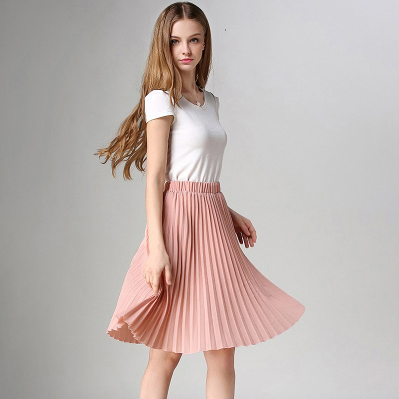 Solid Pleated Skirts For Women Summer New Korean Style Knee Length High Waist School Sun Skirt Chiffon Women's Mini Skirt 210415