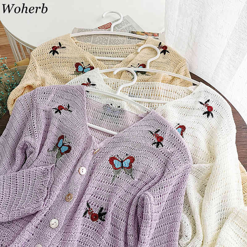 Elegant Summer Thin Holloe Out Cardigans Sweater Women V Neck Butterfly Embroidery Cropped Tops Lady Knitted Capes 210519