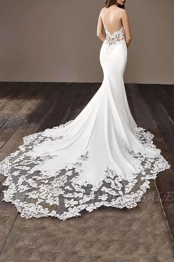 Lace Sexy Appliqued Mermaid Wedding Dresses Vintage Spaghetti Open Back Beach Bohemian Bridal Gown BM Lz0304