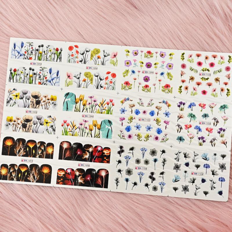 Stickers & Decals 12pcs/Sheet Water Nail Art Sticker Nails Cartoon/Flowers Mixed Design For Decorations Colorful Slide