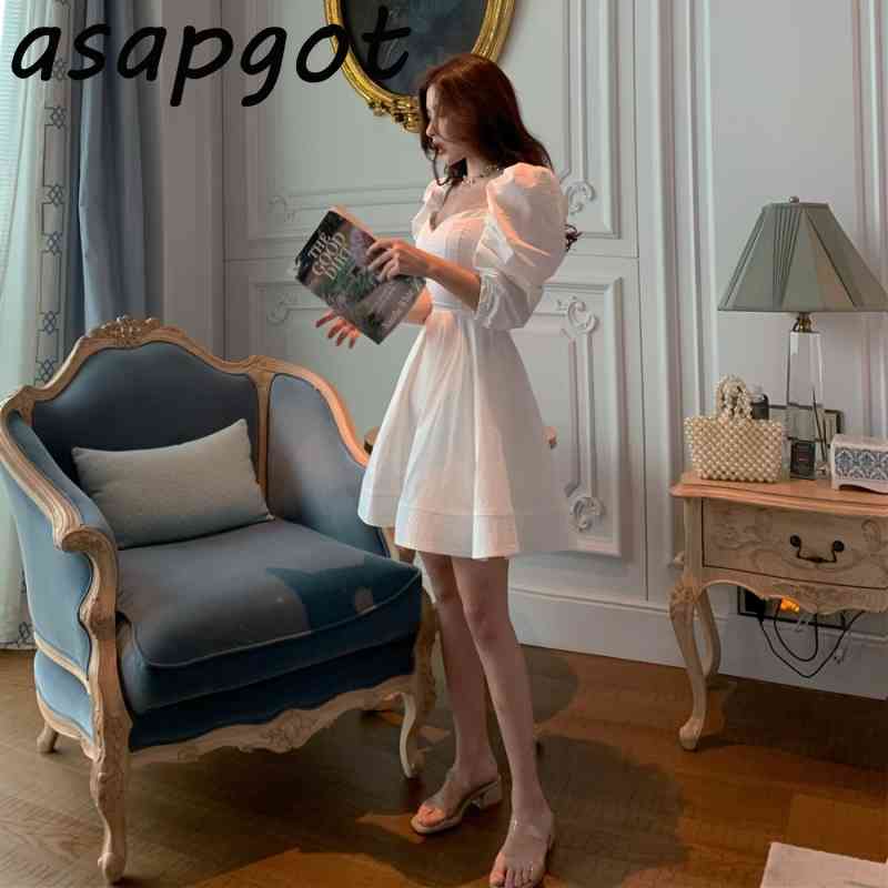 Retro Palace Style V Neck Puff Sleeve White Dress Women Loose Short Black Birthday Vestidos Mujer Party Fashion Simple 210429