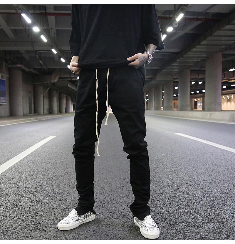The Same Drawstring Lengthened Black All-match Zipper Slim Stretch Foot Pants High Street Fashion Brand Casual Men's