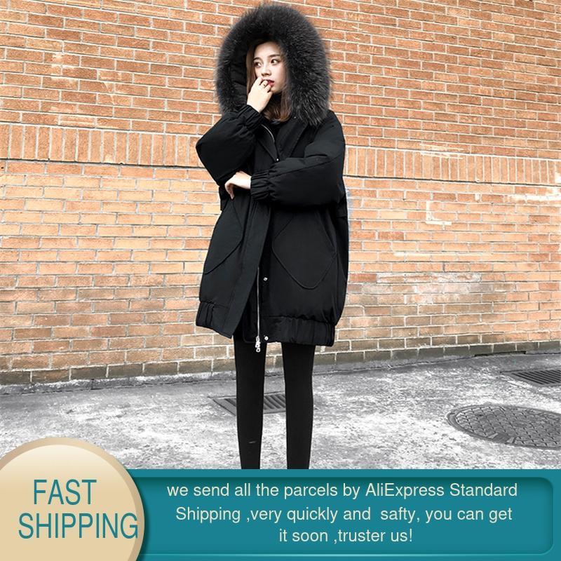 Winter Coat and Jacket Women Fur Collar Long Hooded Parka Black Warm Korean Fashion Plus Size Duck Down Female 210428