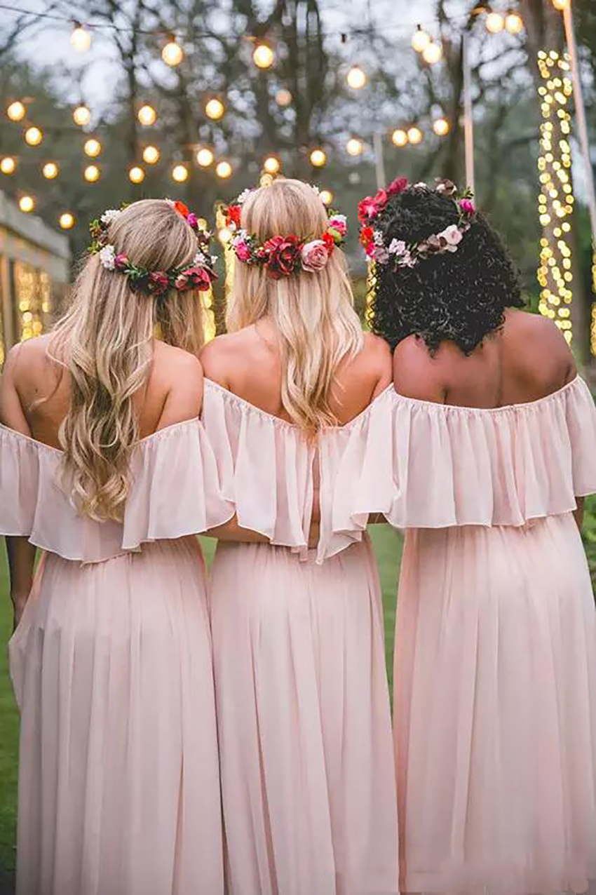 Vintage Blush Country Bridesmaid Dresses 2021 Modest Off the shoulder Chiffon Beach Bohemian Junior Maid of Honor Wedding Guest Gowns 0509