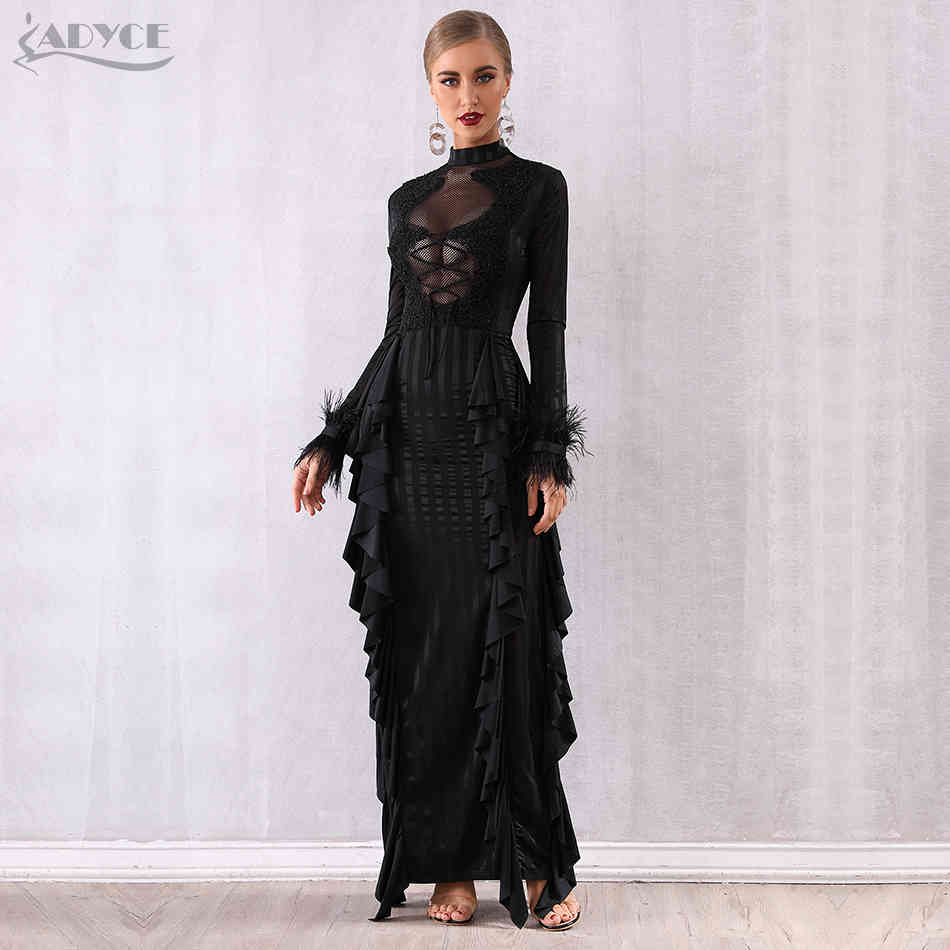 Maxi Women Ruffles Bodycon Celebrity Party Dress Vestidos Verano Sexy Long Sleeve Lace Pearls Feather Club 210423