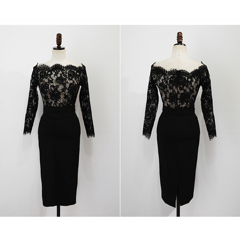 Women's Solid Color Off Shoulder Dresses 3/4 Sleeves Lace Knee Length Package Hip Work Wear Long Dress D11001X 210416