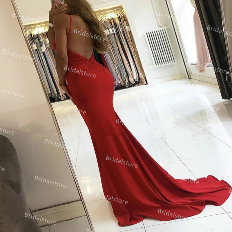 Backless Green Red Mermaid Evening Dresses Spaghetti Straps Satin Beaded African Black Girls Prom Dress 2021 Elegant Long Formal Party Gowns robe de s