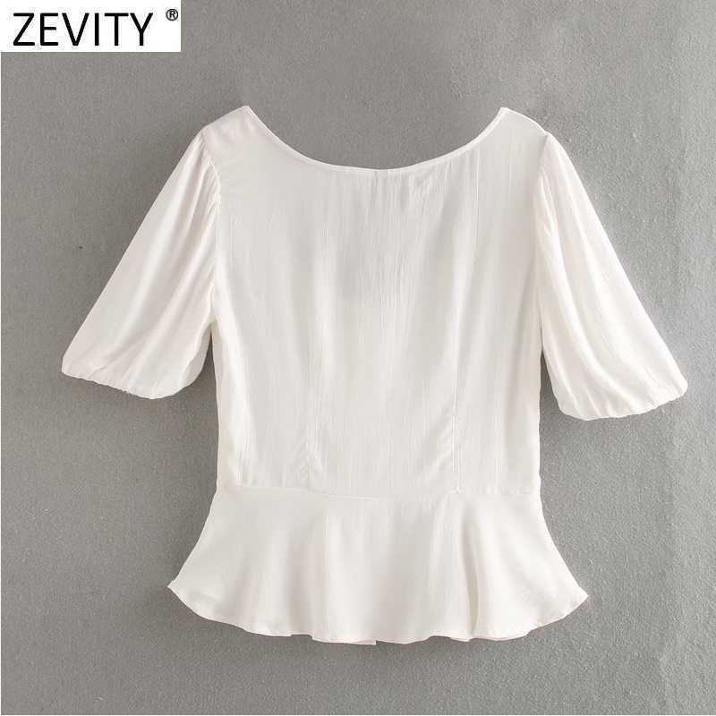 ZEVITY Women Vintage Square Collar Puff Sleeve Solid Hem Ruffles Blouse Prairie Female Breasted Shirt Chic Blusas Tops LS9312 210603