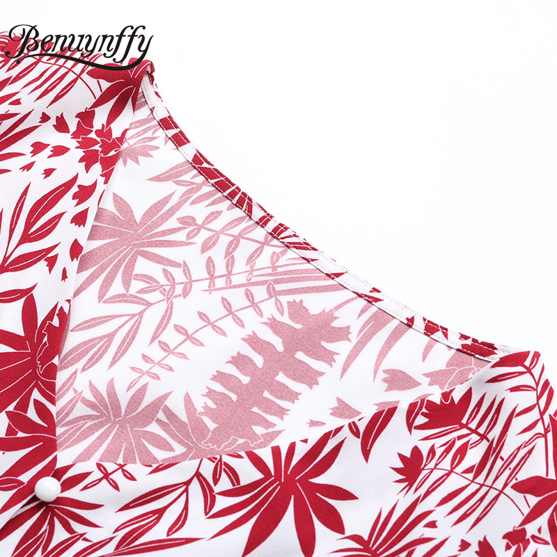 V-neck Button Detail Flare Sleeve Printed Dresses Summer Women Holiday Boho Casual Tie Waist Ruffle Mini Dress 210510