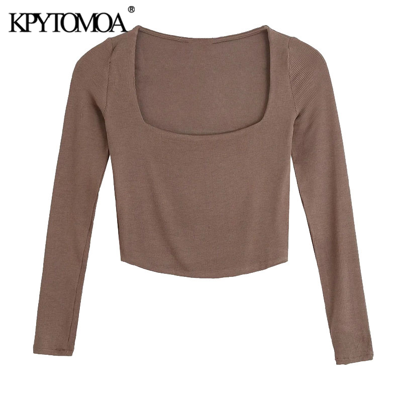 Women Chic Fashion Fitted Cropped Knitted T-Shirt Vintage Square Collar Long Sleeve Female Tops Mujer 210416