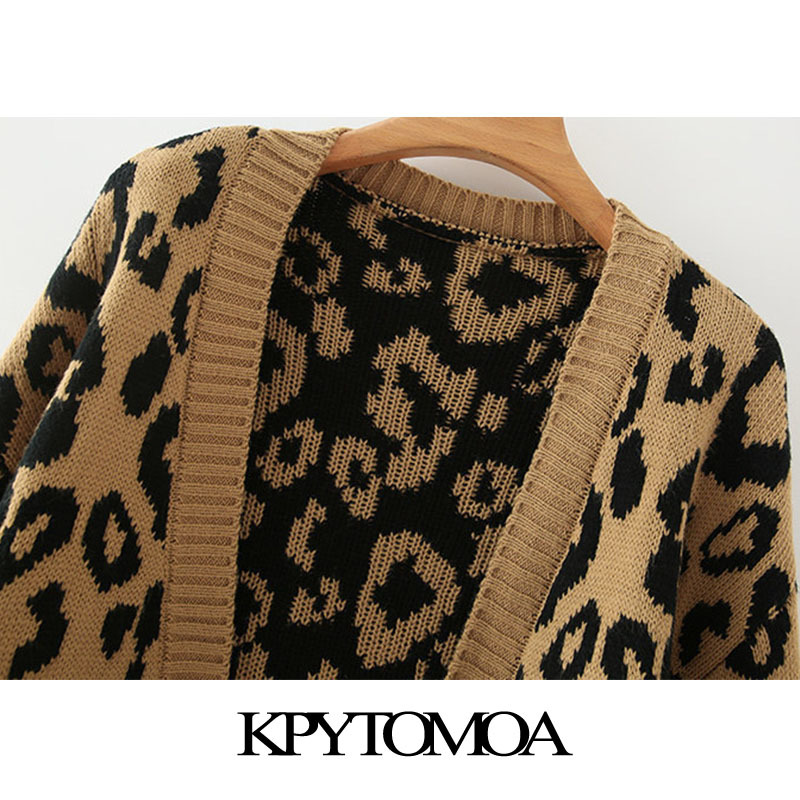Women Fashion Leopard Pattern Loose Knitted Cardigan Sweater Lantern Sleeve Female Outerwear Chic Tops 210420