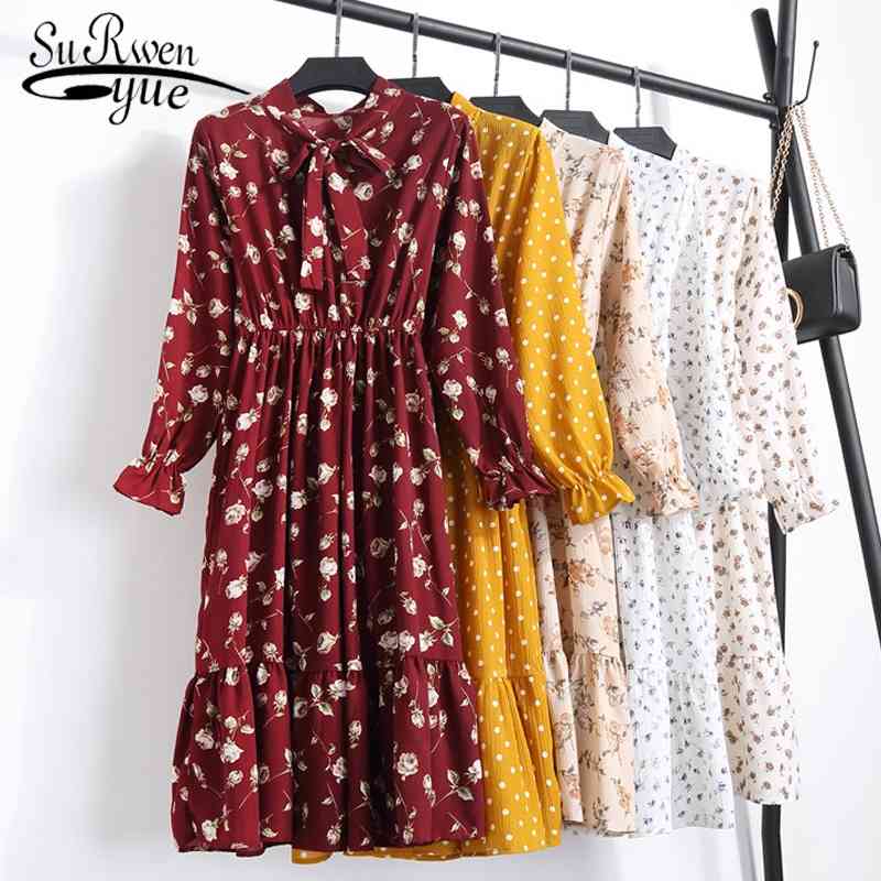 Fashion Woman Dresses Summer Autumn Chiffon Floral Print Women Long Sleeve Elegant Vintage 1945 50 210508