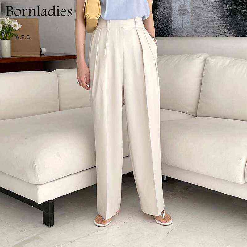 Bornladies Summer Casual High Waist Loose Straight Pants for Women Ladies Button Wide Leg Trousers Female Solid 211115