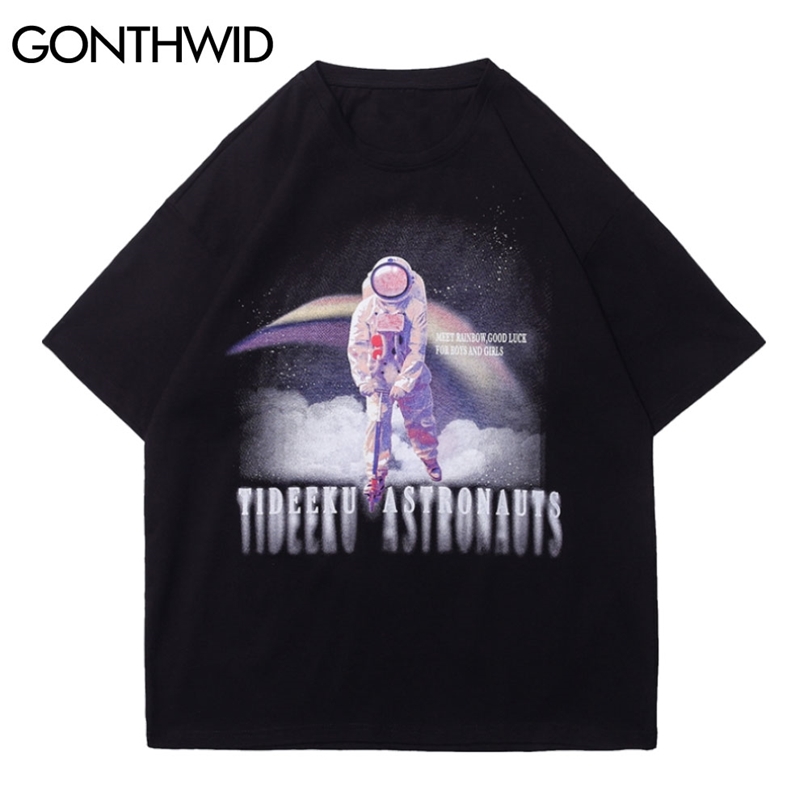 Streetwear Tees Shirts Funny Rainbow Astronaut Print Cotton Tshirts Hip Hop Fashion Casual Short Sleeve T-Shirts Tops 210602, Black