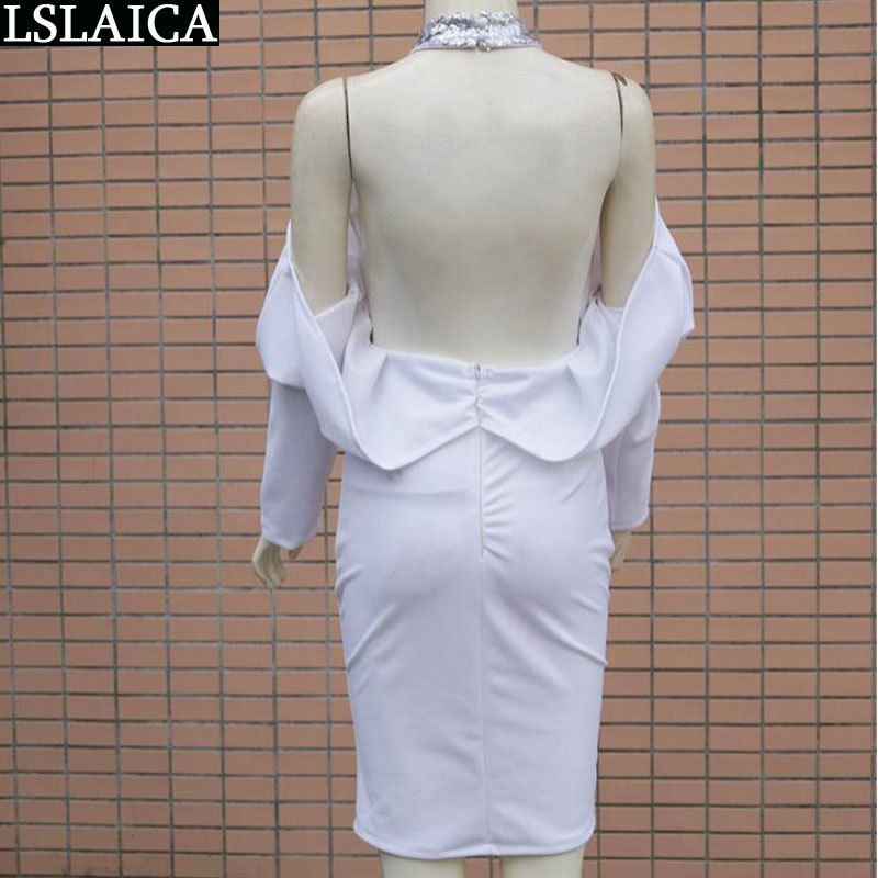 Winter dress long sleeve white halter sexy caual party elegant high waist solid color evening club bodycon 210515