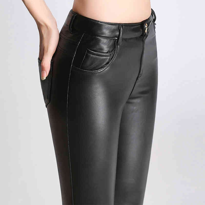 Leather Pants Women PU Abdomen Trousers Autumn Winter Korean Velvet Leggings Pencil Black Mid Tight 210428