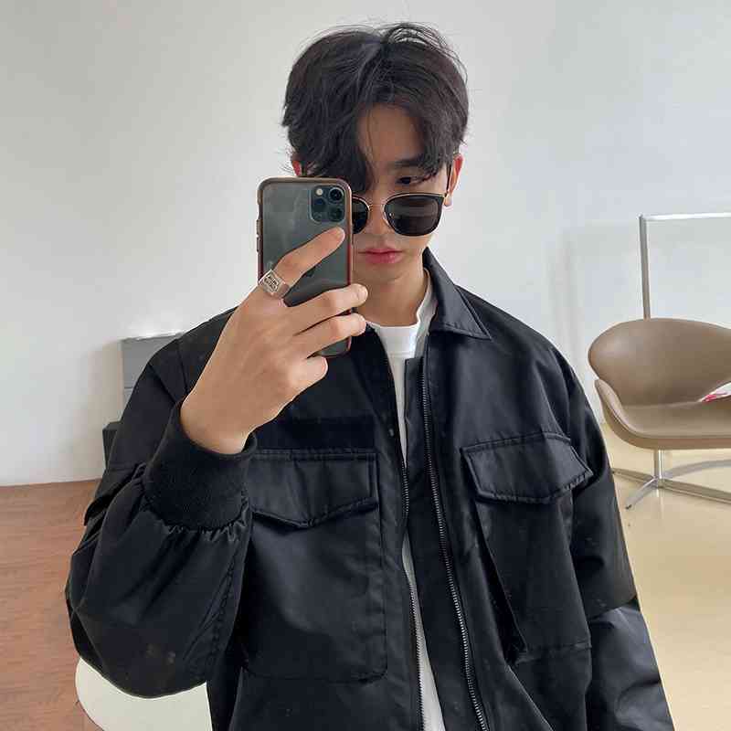 IEFB Spring Short Jacket Men's Korean Fashion Loose Multi Pocket Workwear Zipper Causal Coat Shiny Fabric Cloth 9Y5267 210524