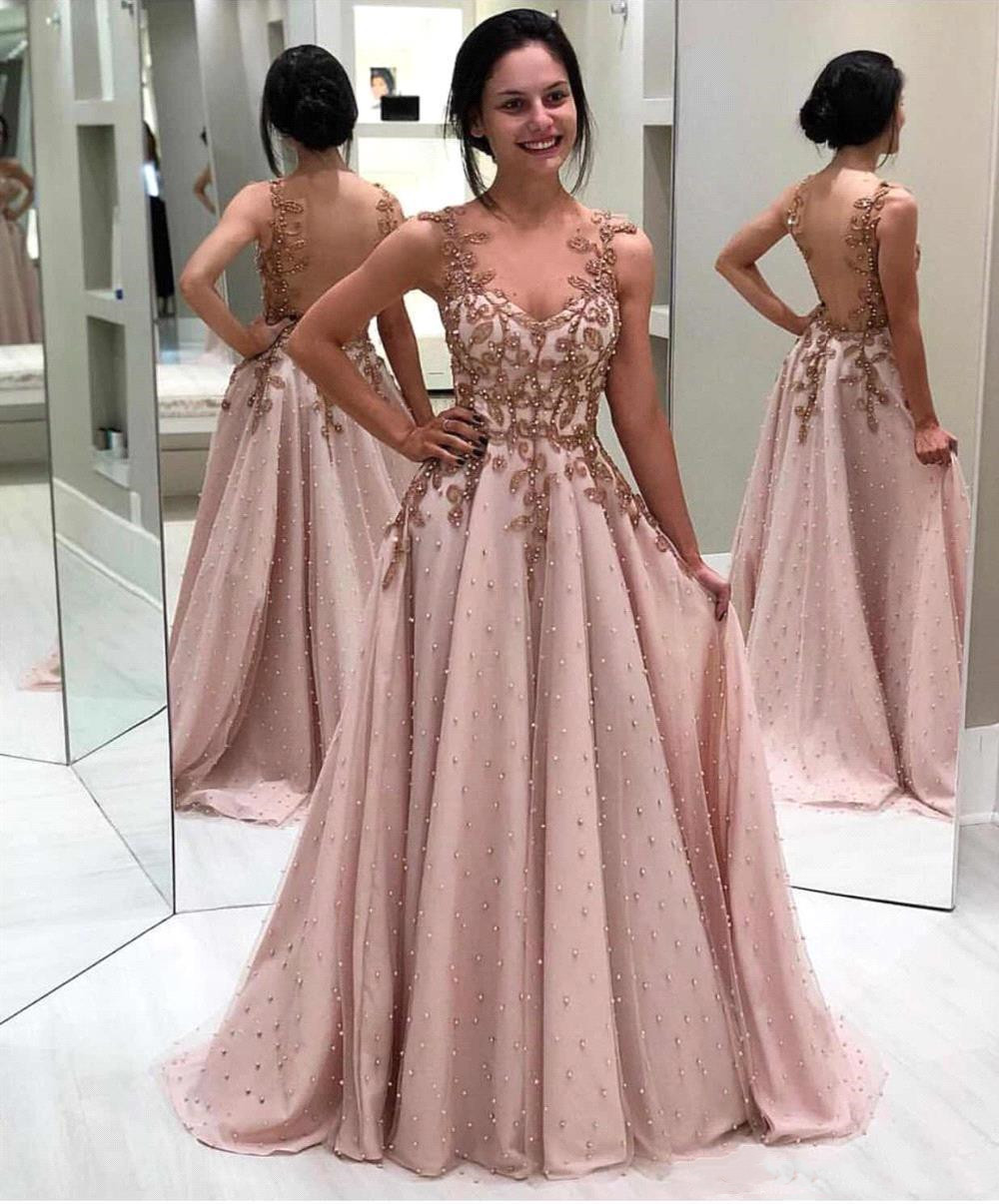 Pink Long Prom Dresses Tulle Lace Applique Beaded Seen Through Back Floor Length Formal Party Evening Gowns