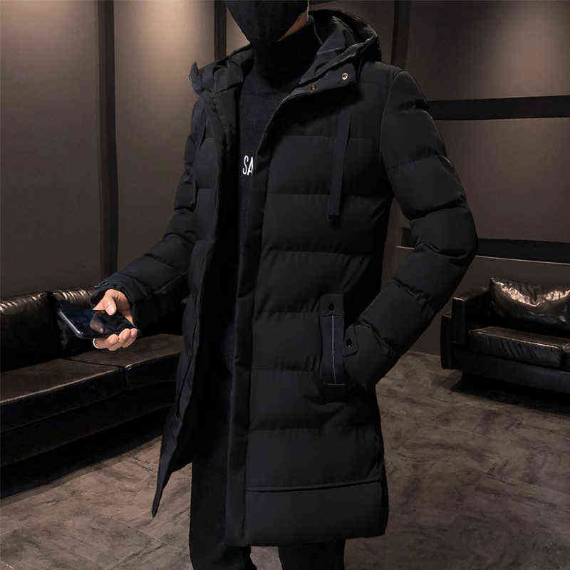 Men Jacket Casual Fashion Mid-Length Trendy Jacket Warm and Windproof High-Value Motorcycle Hooded Cotton-Padded Jacket 211110