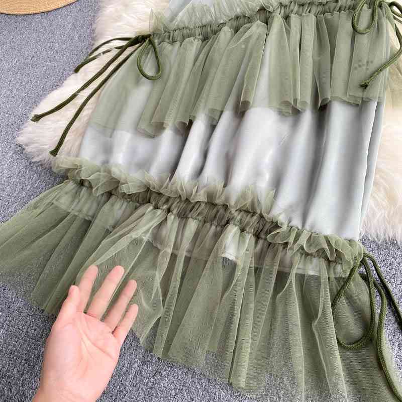 Fashion Women Seaside Holiday Sexy Women Dresses Summer Mesh Green Dress Irregular Ruffled Suspender Beach Dress Girl 210515