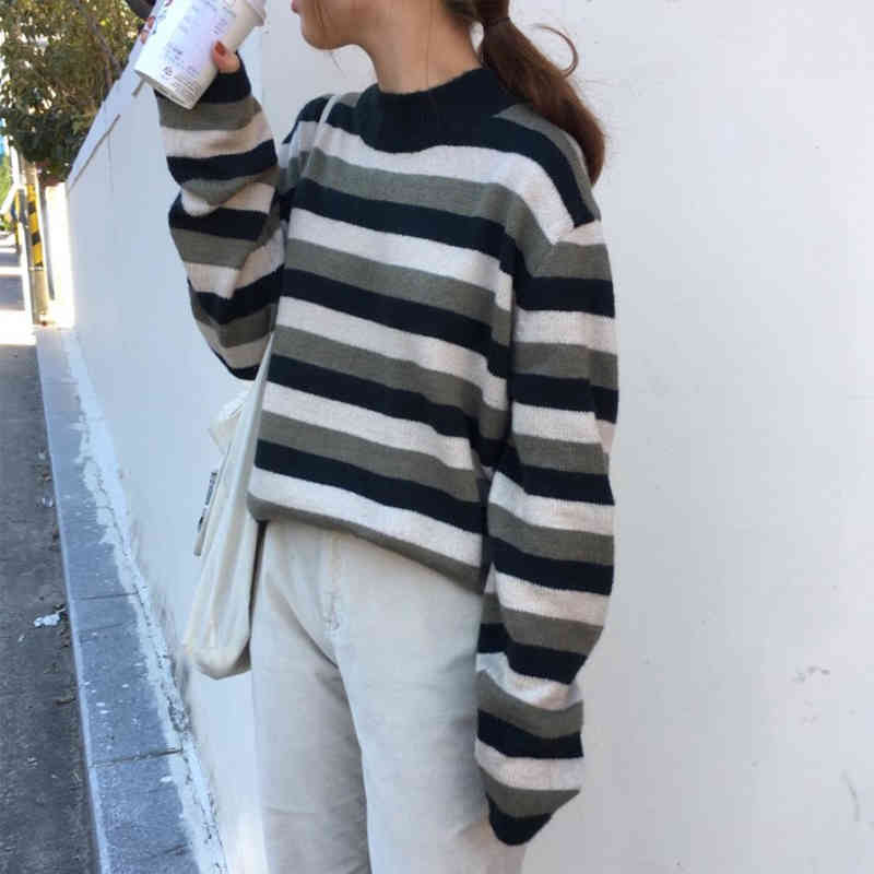 2 colors Autumn Winter Women Pullovers And Sweaters Jumper preppy style soft Warm stripe knitted Sweater Female (C9022) 210423