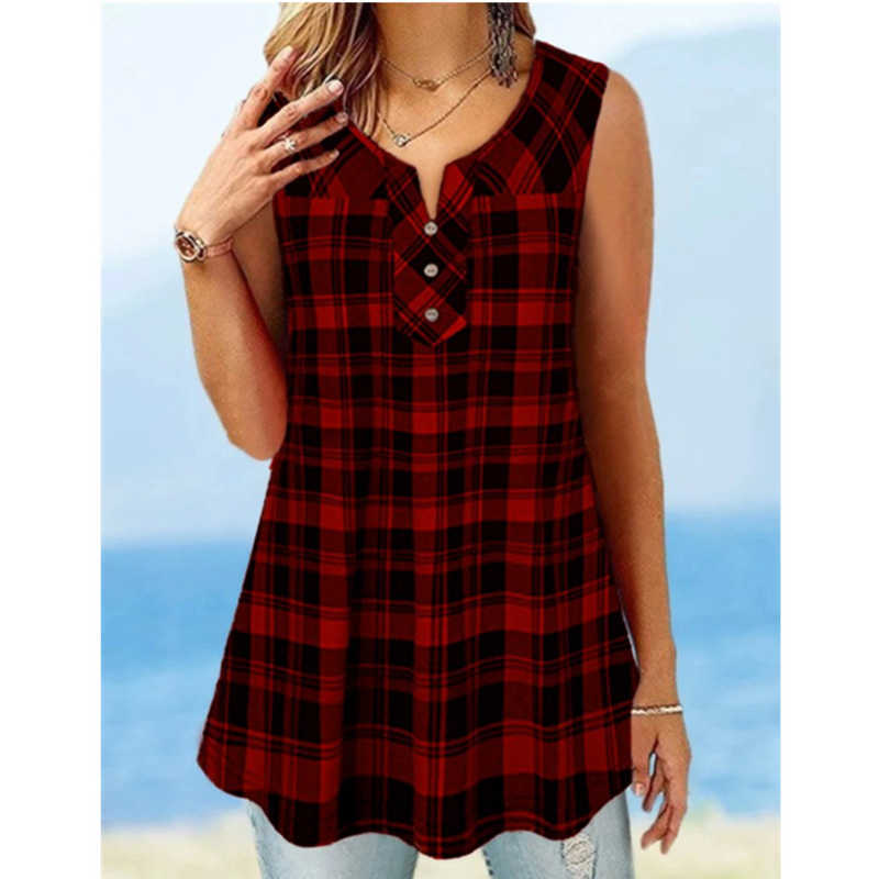 Fashion Plaid Print T-shirts Plus Size Women Casual Summer Sexy V Neck Button Sleeveless Loose Tees Vintage Female Pullover Tops 210526